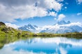 Fantastic landscape with reflection of mountains in the lake on the background of Mont Blanc, French Alps, Europe. Harmony,