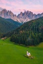 The fantastic landscape of Santa Maddalena village and Dolomites Geisler mountain group. Royalty Free Stock Photo