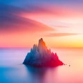 Fantastic landscape of sky color, water and gradient color texture with colorful sea, mountain, city, sky objects