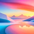 Fantastic landscape of sky color, water and gradient color texture with colorful sea, mountain, city, sky objects