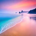 Fantastic landscape of sky color, water and gradient color texture with colorful sea, mountain, city, sky objects