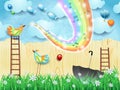 Fantastic landscape with stairways, bird, music and rainbow colors