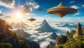 fantastic landscape, vimanas, celestial flying machines Royalty Free Stock Photo