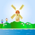 Fantastic landscape with windmill and children