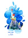 Fantastic lighthouse. Fairytale tower, illustration for the children, print, holiday card.