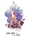 Fantastic lighthouse. Fairytale tower, illustration for the children, print, holiday card. Greeting card