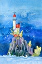 Fantastic lighthouse. Fairytale tower, illustration for the children, print, holiday card.