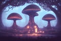 Fantastic lilac forest with giant mushrooms at night 3d illustration. Generative AI