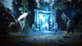 A fantastic luminous ancient portal to another world, guarded by fabulous animals, in a mystical misty dark forest. 3D