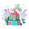 Fantastic magic pegasus and unicorn, fairies, rainbow and wings isolated on white cartoon vector illustration for kids.
