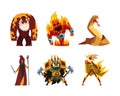 Fantastic Magical Creature Character and Monster with Wizard, Burning Flame, Serpent, Archer and Bigfoot Vector Set