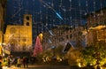 Fantastic main square Piazza del Popolo of Todi at christmas time with decorations and lights in Umbria
