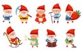 Fantastic Male and Female Gnome Character with Red Pointed Hat Vector Illustration Set