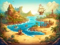 Fantastic map leading to the pirate treasure, in the background there is a sea with a pirate ship and an island Royalty Free Stock Photo