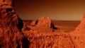 Fantastic martian landscape in rusty orange shades, Mars surface, Desert, Cliffs, sand. Alien landscape. Red planet mars Royalty Free Stock Photo