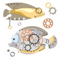 Fantastic mechanical fish. Cute metal fish with gear wheels, metal part, nails. Steampunk style. Cartoon design Royalty Free Stock Photo