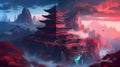 Fantastic Medieval Chinese Temple in Asian Mountains in a Fantasy World. Generative AI