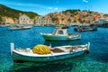 Beautiful harbor with fishing boats and historic buildings, Hvar, Croatia Royalty Free Stock Photo