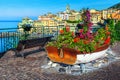 Spectacular promenade decorated with colorful flowers, Bogliasco, Liguria, Italy, Europe