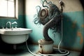 Fantastic monsters and worms in bathroom from siphon and pipes