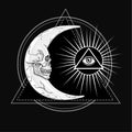 Fantastic moon, in the form of a human skull. Esoteric symbol, sacred geometry.