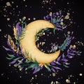 Fantastic moon with stars, branches, leaves and flowers. Illustration on a black background. Good for Halloween.