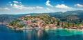 Fantastic morning cityscape of Asos village on the west coast of the island of Cephalonia, Greece, Europe. Wonderful spring sescap