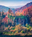 Fantastic morning view of pure water waterfall in Plitvice National Park. Aerial autumn scene of Croatia, Europe. Beauty of nature