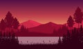 Fantastic mountains view from the riverside at dusk. Vector illustration