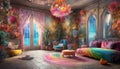 Fantastic multicolored floral interior. Fictional scene