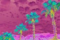 Fantastic multicolored surreal landscape with palms and cloudy sky.