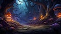 Fantastic mysterious forest. Magic mushrooms and magic flowers and lights. Fairy-tale background. Video Game's Royalty Free Stock Photo