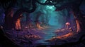 Fantastic mysterious forest. Magic mushrooms and magic flowers and lights. Fairy-tale background. Video Game's Royalty Free Stock Photo