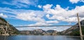 Fantastic nature landscape view of the fjord, mountains and bridge. Location: Lysefjorden, Forsand, Norway, Europe. Artistic pict Royalty Free Stock Photo