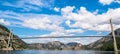 Fantastic nature landscape view of the fjord, mountains and bridge. Location: Lysefjorden, Forsand, Norway, Europe. Artistic pict Royalty Free Stock Photo