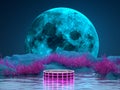 Fantastic nature at night with a podium in the water on the background of a huge moon, sand and pink plants. 3D Render