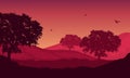 Fantastic nature scenery at sunset on the edge of the city. Vector illustration