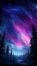 Fantastic night forest landscape with starry sky and bright aurora.