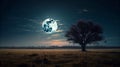 Fantastic night landscape of a field with trees by a large full moon