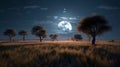 Fantastic night landscape of a field with trees by a large full moon