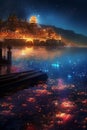 A fantastic night landscape, a huge Chinese castle and luminous lanterns reflected in the water.