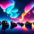 Fantastic night scene with ships and lights. Vector illustration. Generative AI