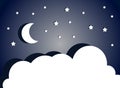 Fantastic night sky with moon, stars and clouds. Vector cloudscape. Royalty Free Stock Photo