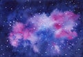 Fantastic night starry sky, galaxy, nebula, watercolor illustration, hand-drawn.