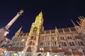 Fantastic night view of facade of Gothic Rathaus or Town Hall of Munich and famous clock tower on Marienplat