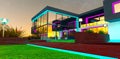 Fantastic night view of the suburban mansion with glowing facade elements. Turquoise illuminated border of the pavement. 3d