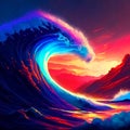 Fantastic ocean wave in the sunset. 3d render illustration Generative AI