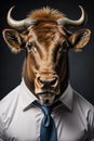 Fantastic office worker bull, in a white shirt. Generative AI