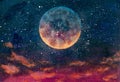 Fantastic oil painting beautiful big planet moon among stars in universe. Fantasy concept cosmos fine art painting artwork