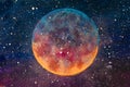 Fantastic oil painting beautiful big planet moon among stars in universe.